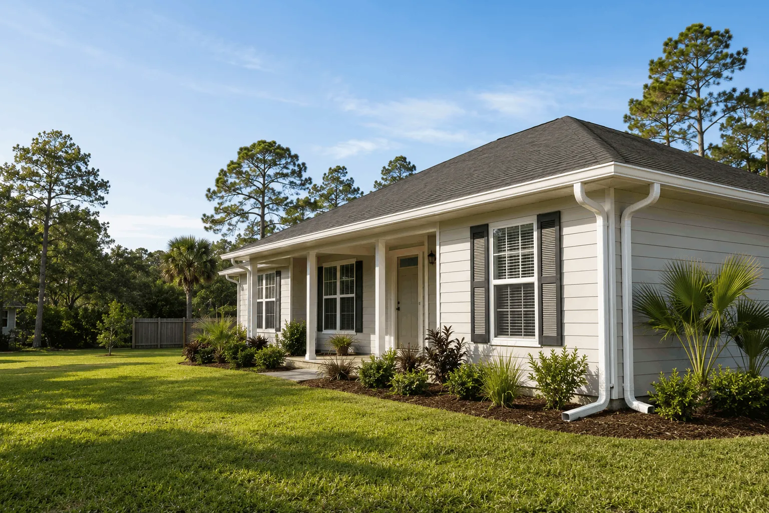 Bascom property with open ground and gutters along the roofline