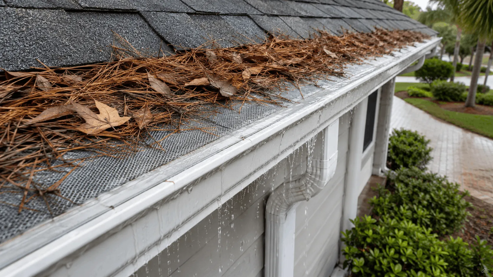 Debris sitting on top of a gutter guard rather than inside the channel