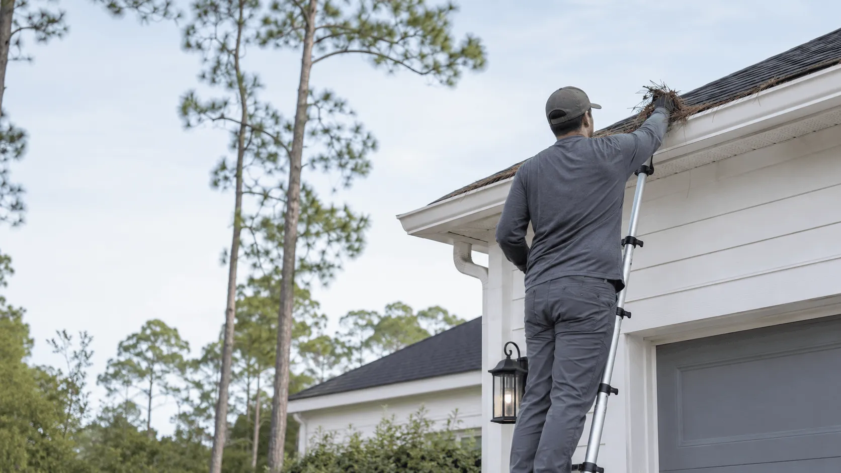 Debris being cleared by hand from a residential gutter
