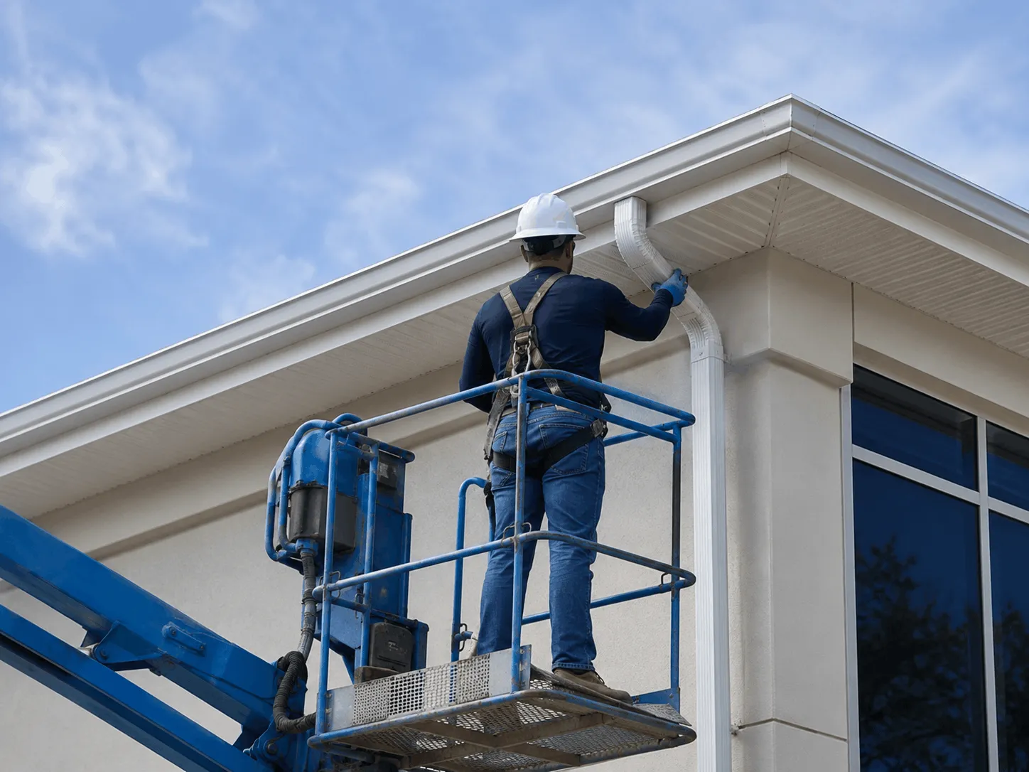 Gutter maintenance being carried out on a commercial building