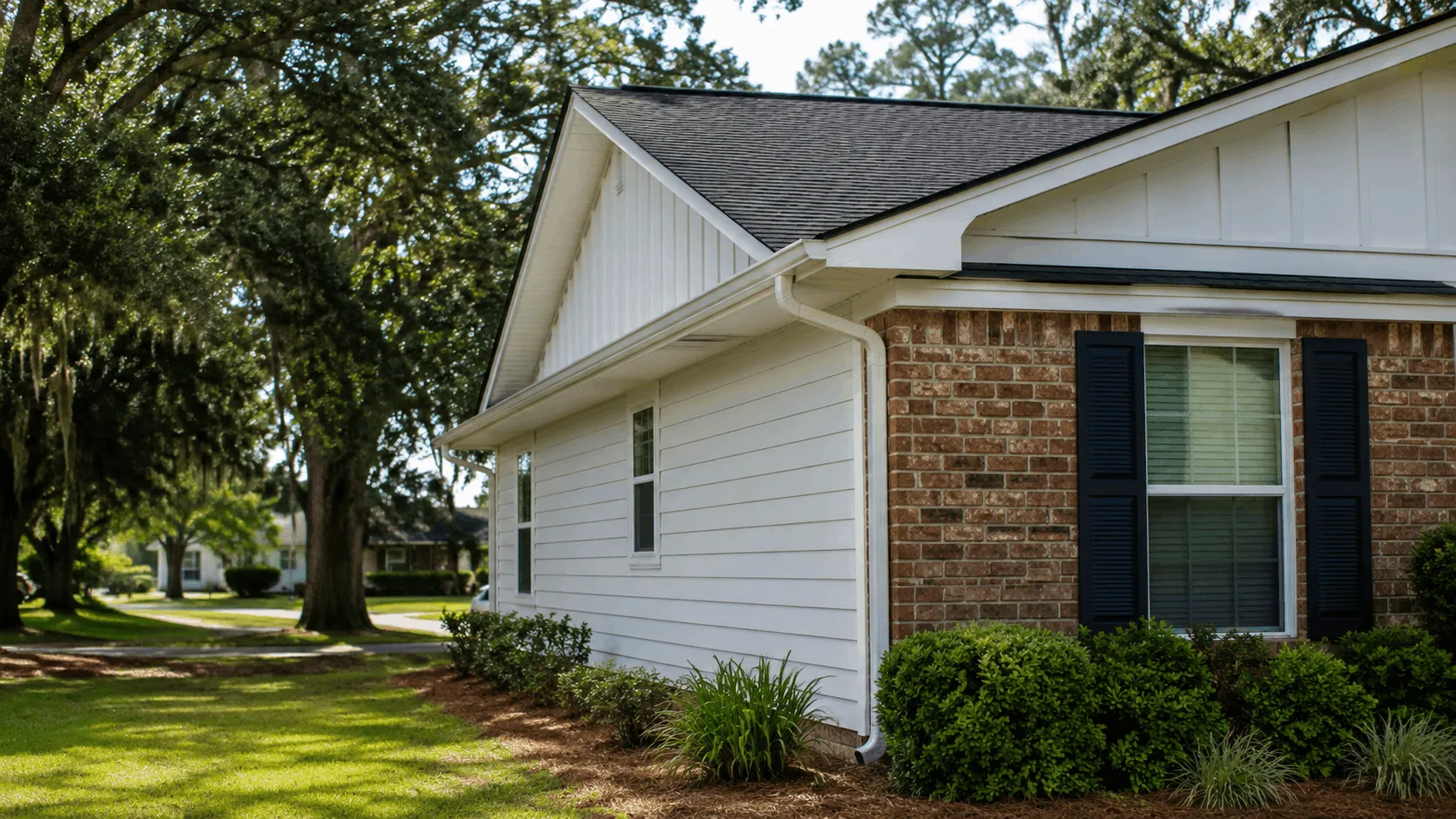 Graceville building with gutters above a covered entrance