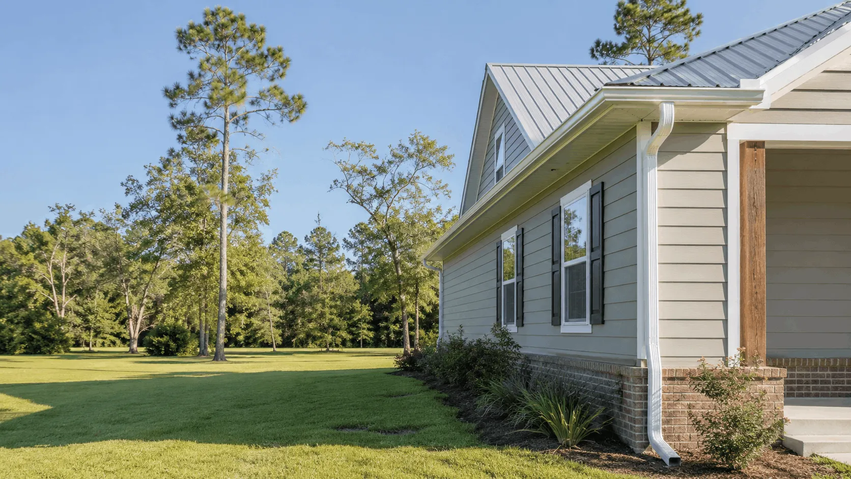Grand Ridge home with a shaded elevation and gutters along the eave
