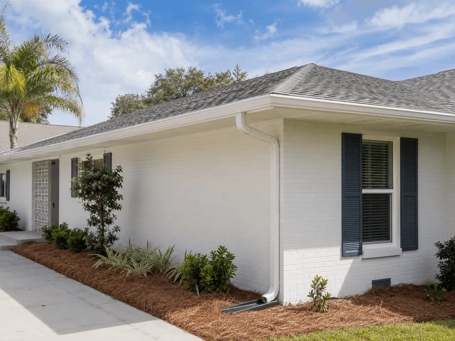 Seamless aluminum gutter run installed along a Florida roofline