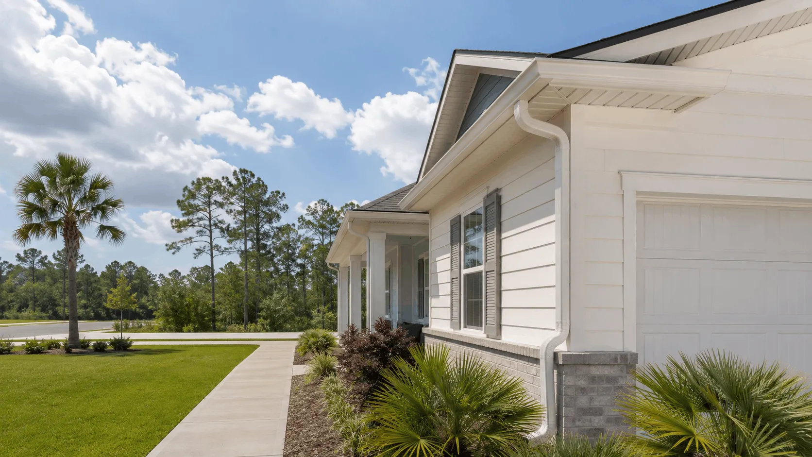 Panama City home with seamless gutters beneath mature tree cover